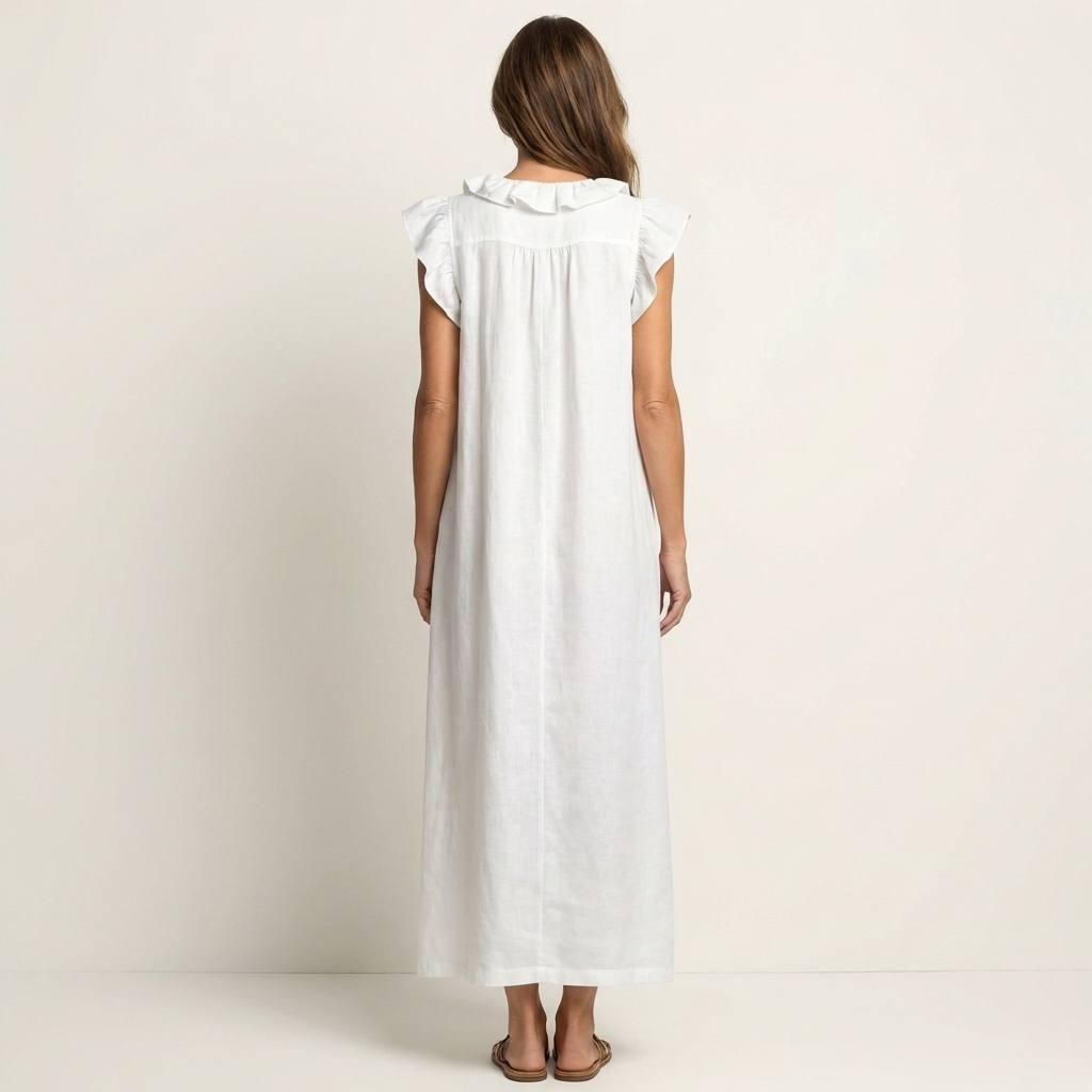 Erika | Vestido maxi de lino con escote en V y volantes