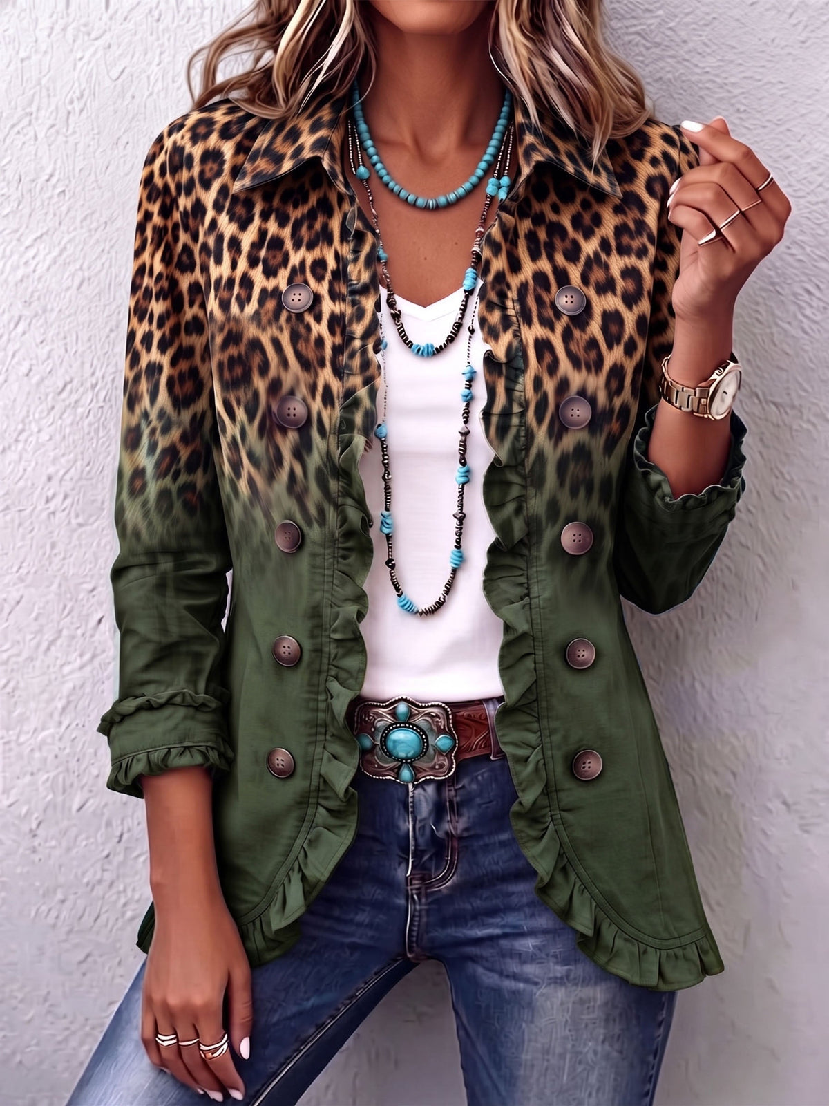 Ramona | Blazer verde con estampado de leopardo