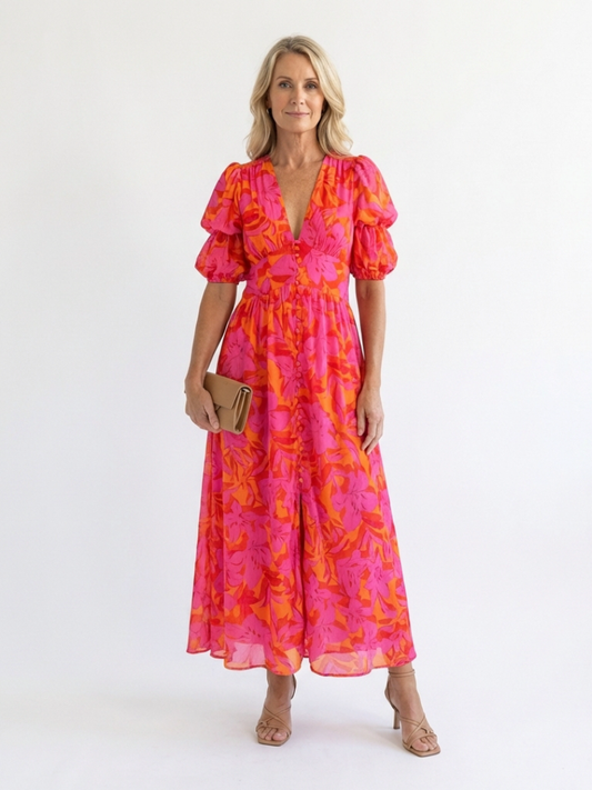 Catalina | Vestido midi floral con mangas anchas