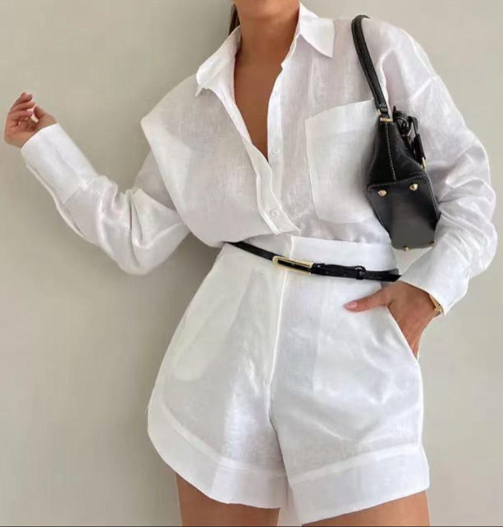Conjunto de manga larga y shorts de algodón y lino Lila