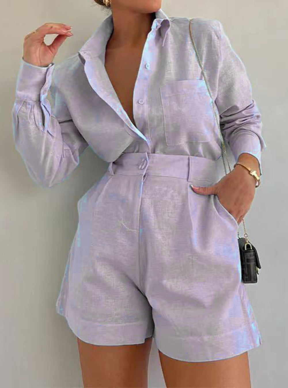 Conjunto de manga larga y shorts de algodón y lino Lila