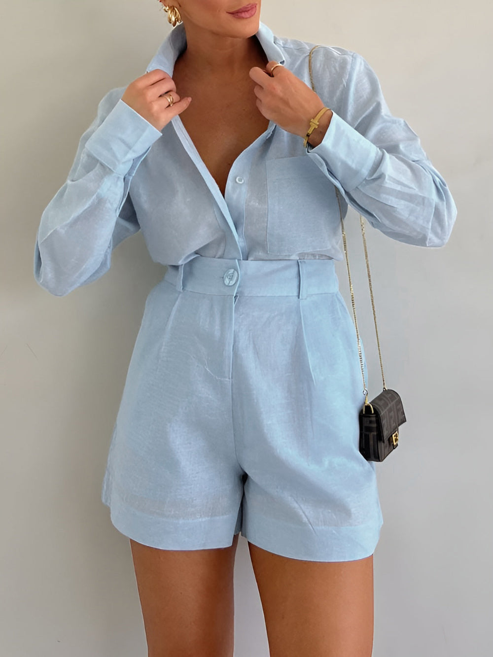 Conjunto de manga larga y shorts de algodón y lino Lila
