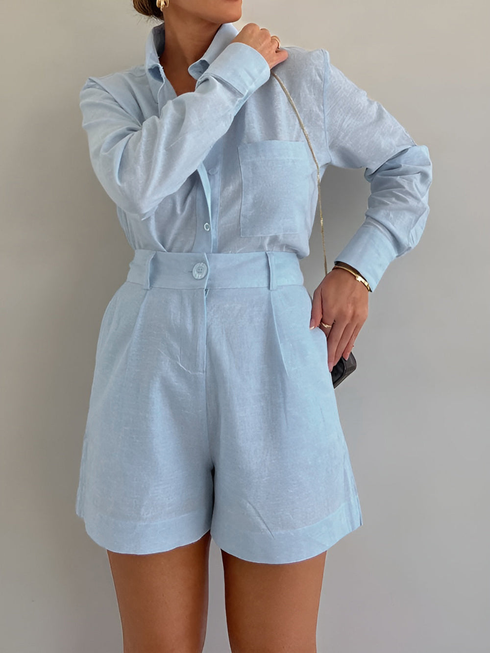 Conjunto de manga larga y shorts de algodón y lino Lila