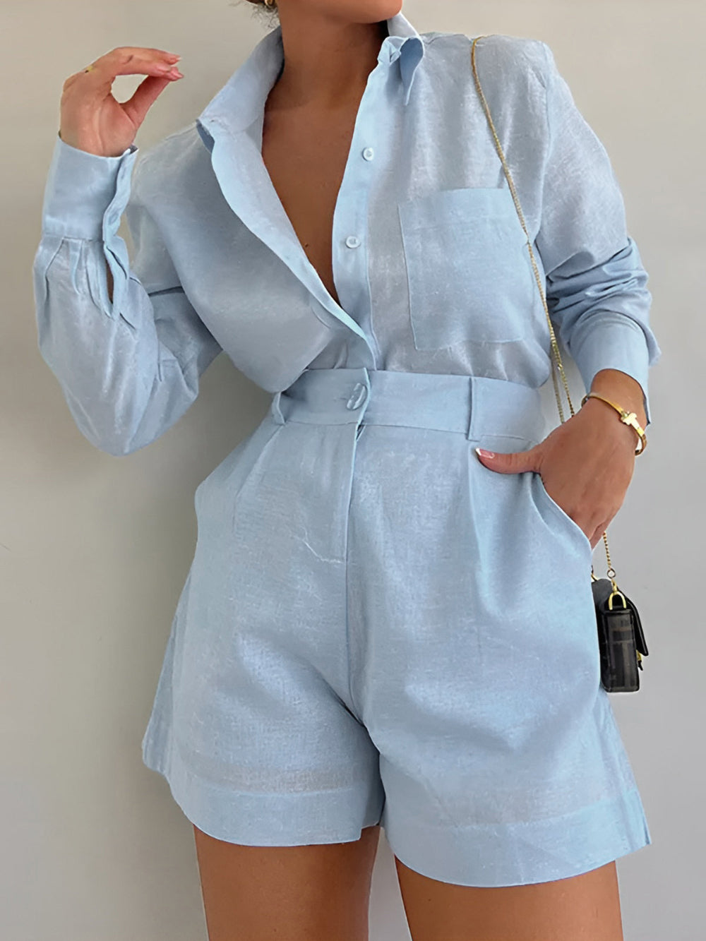 Conjunto de manga larga y shorts de algodón y lino Lila