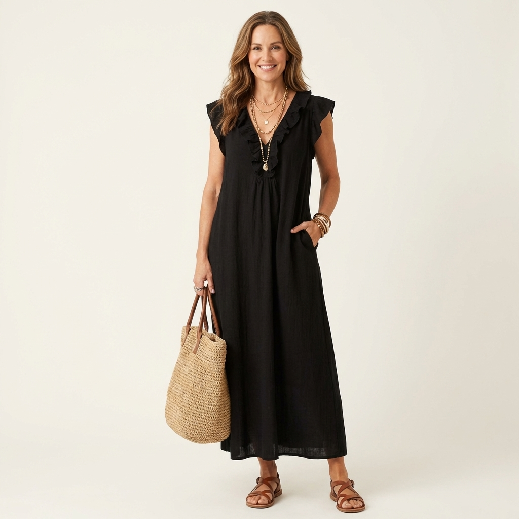 Erika | Vestido maxi de lino con escote en V y volantes