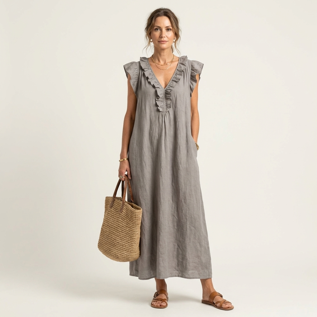 Erika | Vestido maxi de lino con escote en V y volantes
