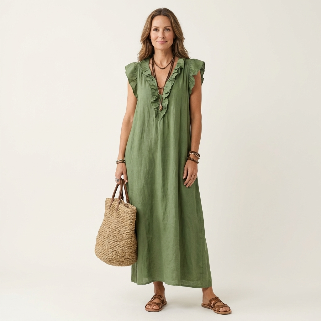 Erika | Vestido maxi de lino con escote en V y volantes