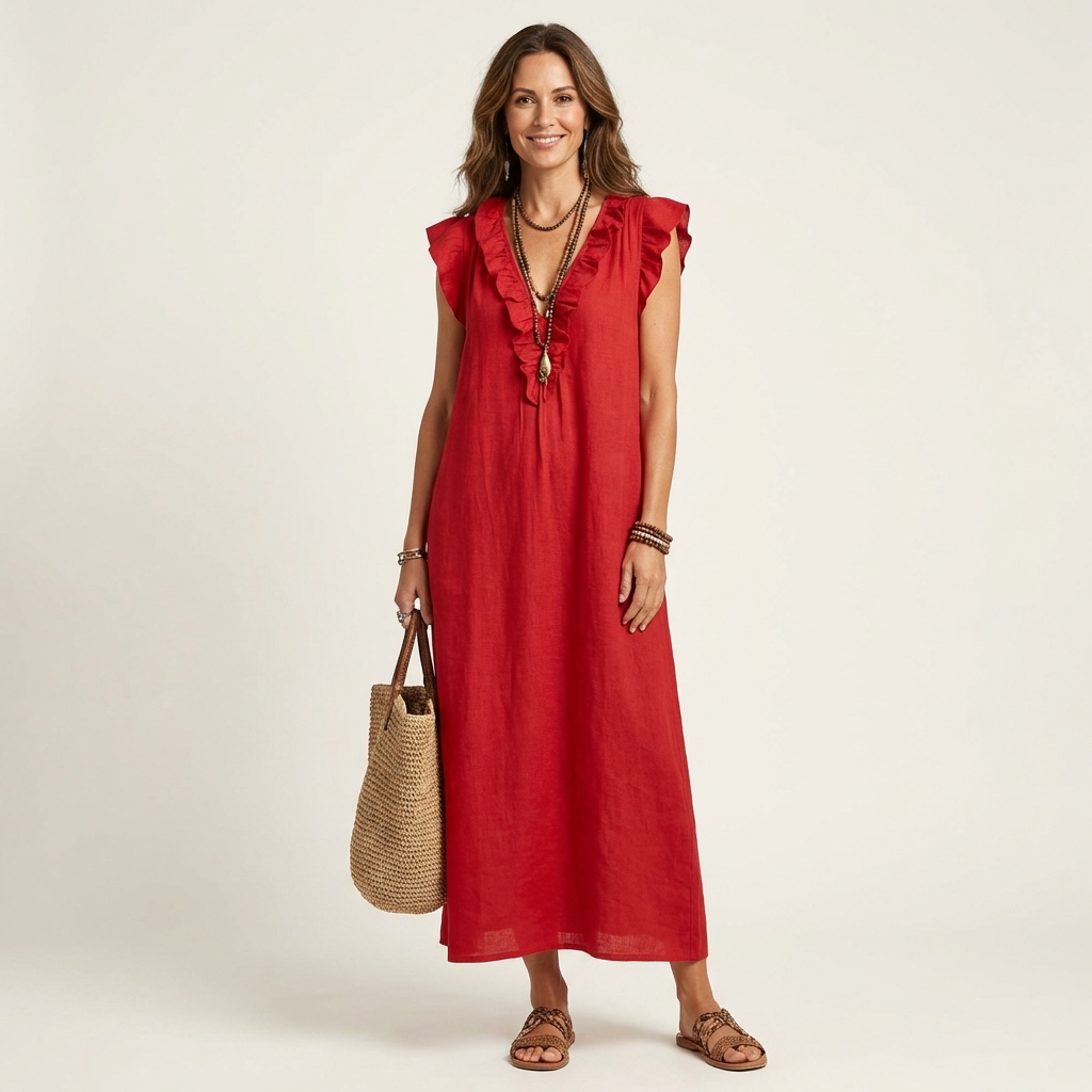 Erika | Vestido maxi de lino con escote en V y volantes