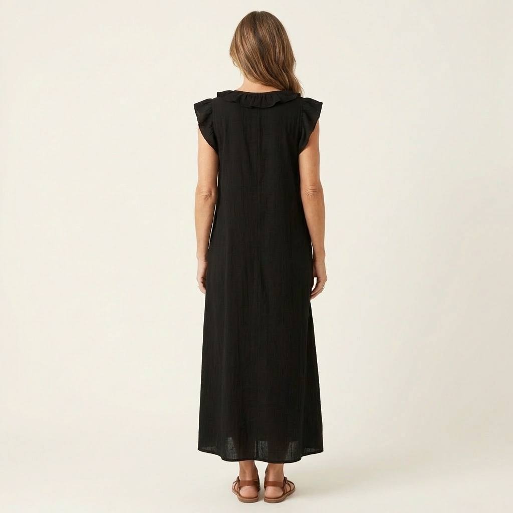 Erika | Vestido maxi de lino con escote en V y volantes