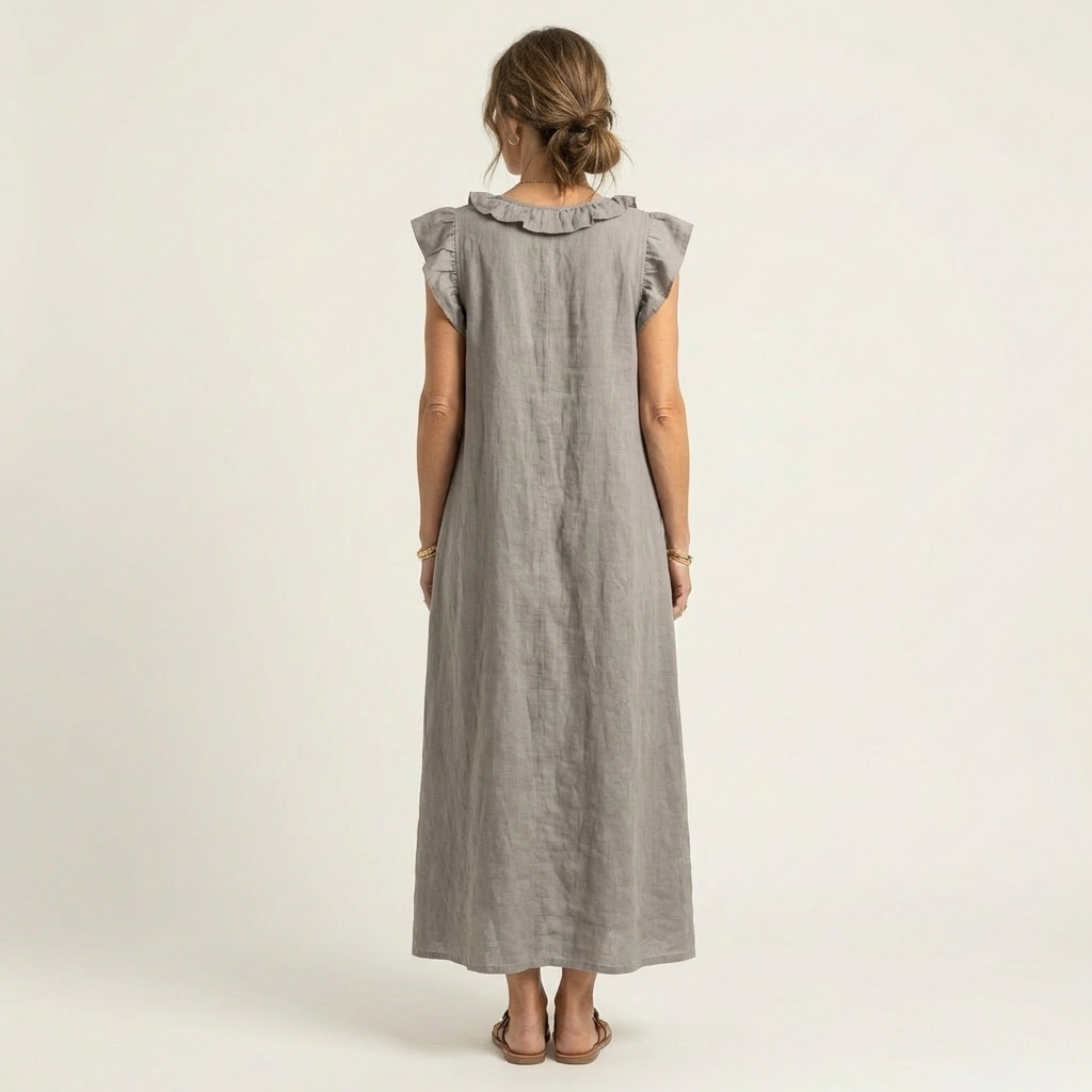 Erika | Vestido maxi de lino con escote en V y volantes