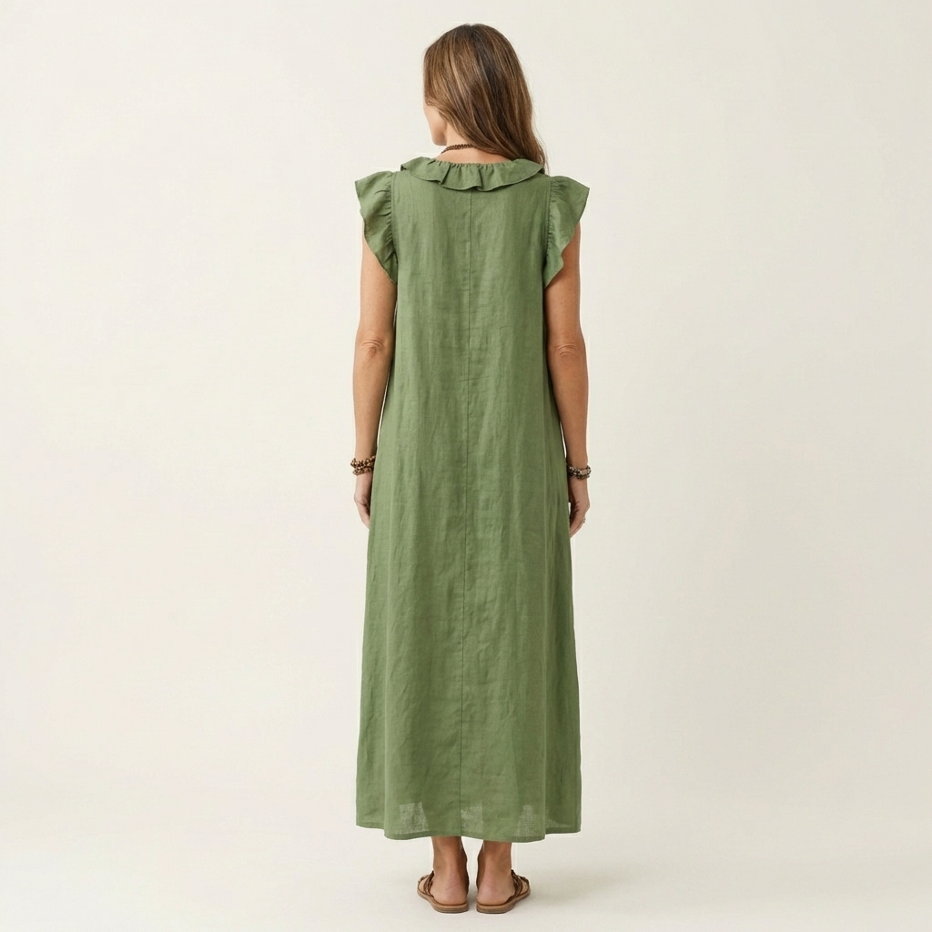 Erika | Vestido maxi de lino con escote en V y volantes