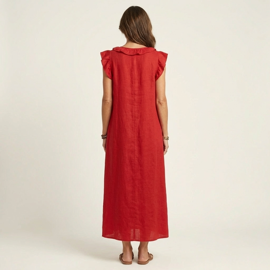 Erika | Vestido maxi de lino con escote en V y volantes