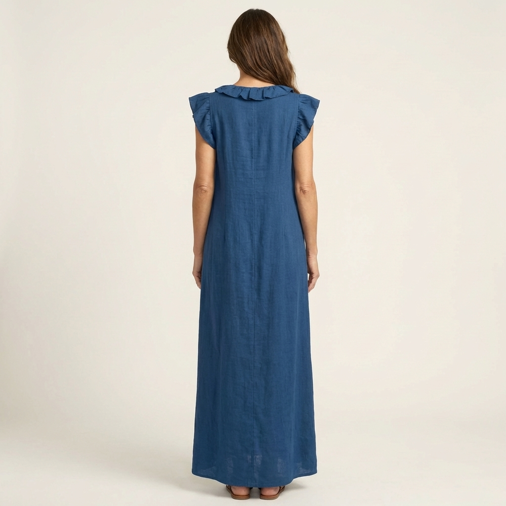 Erika | Vestido maxi de lino con escote en V y volantes