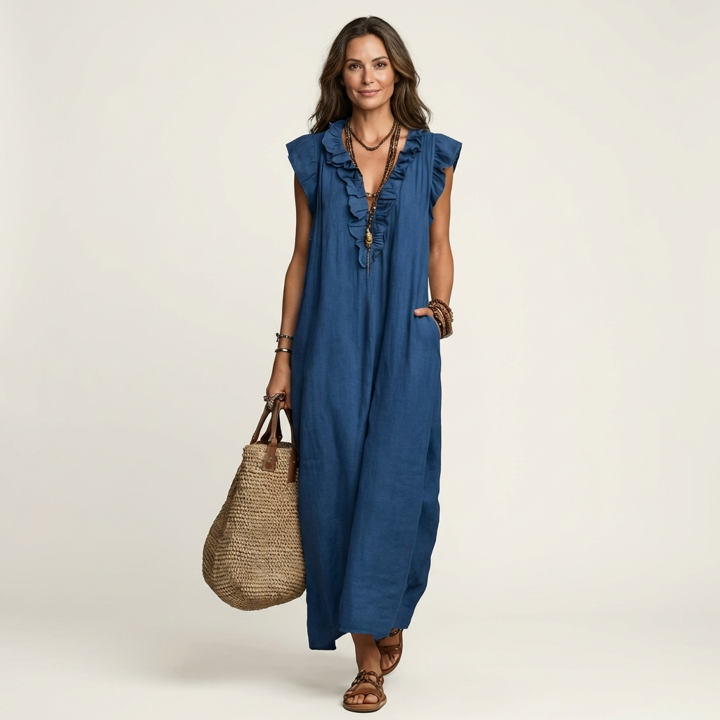 Erika | Vestido maxi de lino con escote en V y volantes