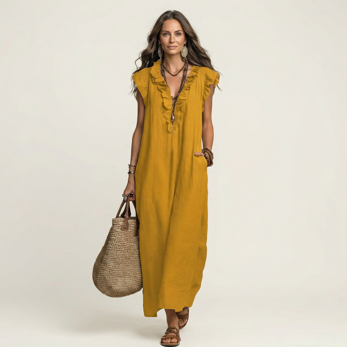 Erika | Vestido maxi de lino con escote en V y volantes