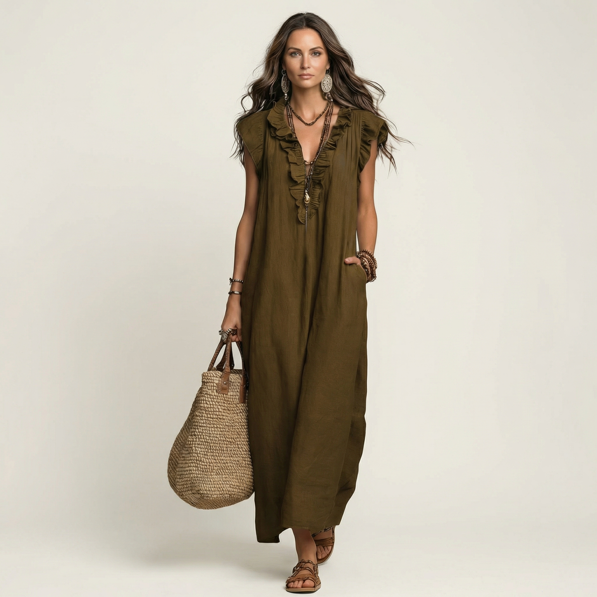 Erika | Vestido maxi de lino con escote en V y volantes