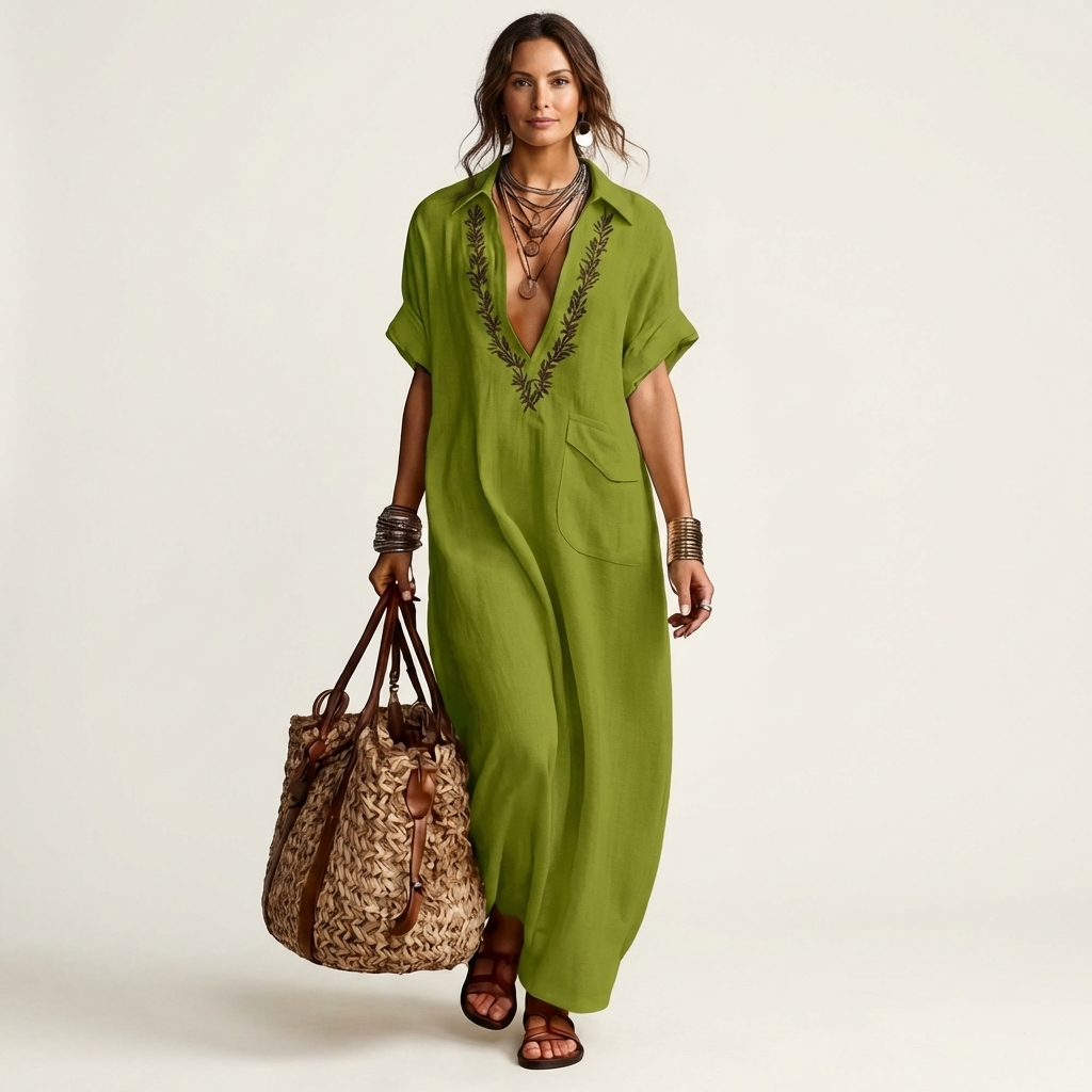 Ema | Embroidered V-Neck Collar Linen Maxi Dress