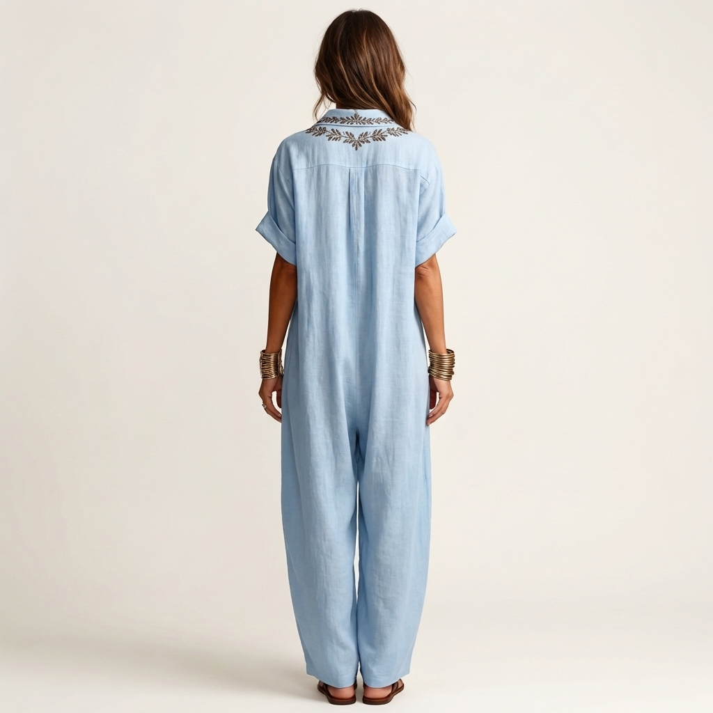 Ema | Embroidered V-Neck Collar Linen Maxi Dress