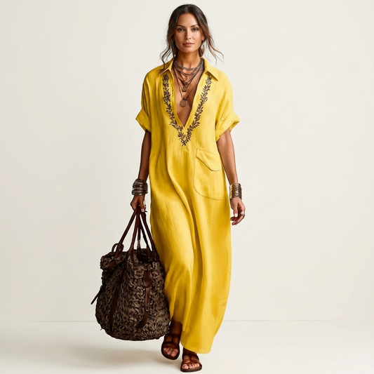 Ema | Embroidered V-Neck Collar Linen Maxi Dress
