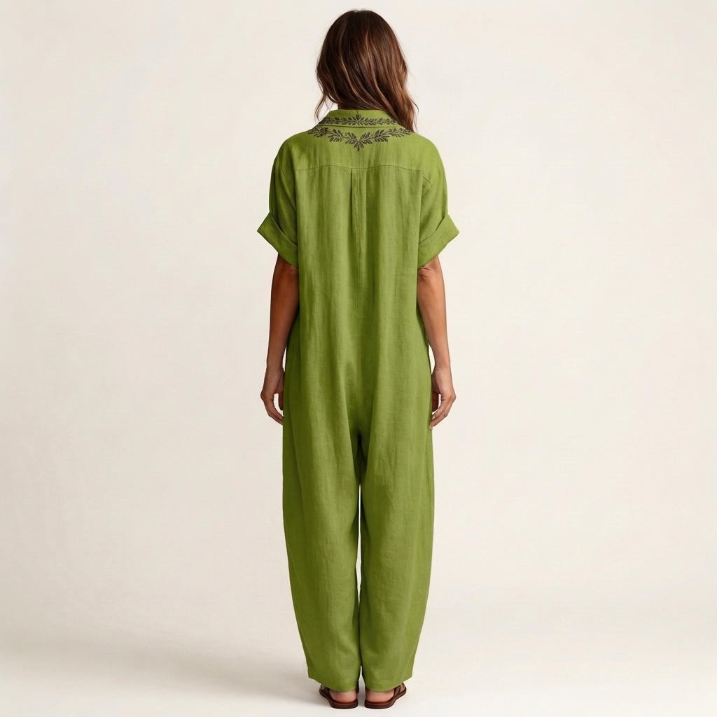Ema | Embroidered V-Neck Collar Linen Maxi Dress