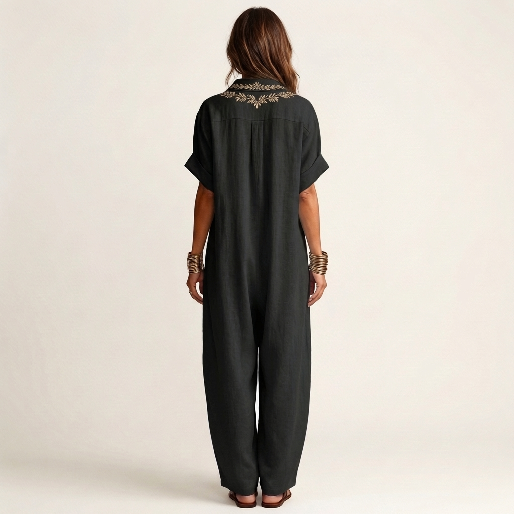 Ema | Embroidered V-Neck Collar Linen Maxi Dress