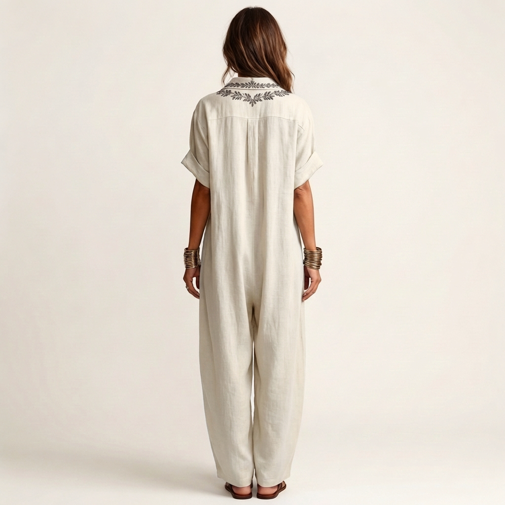 Ema | Embroidered V-Neck Collar Linen Maxi Dress