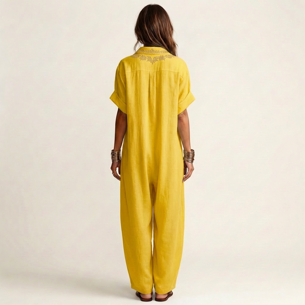 Ema | Embroidered V-Neck Collar Linen Maxi Dress