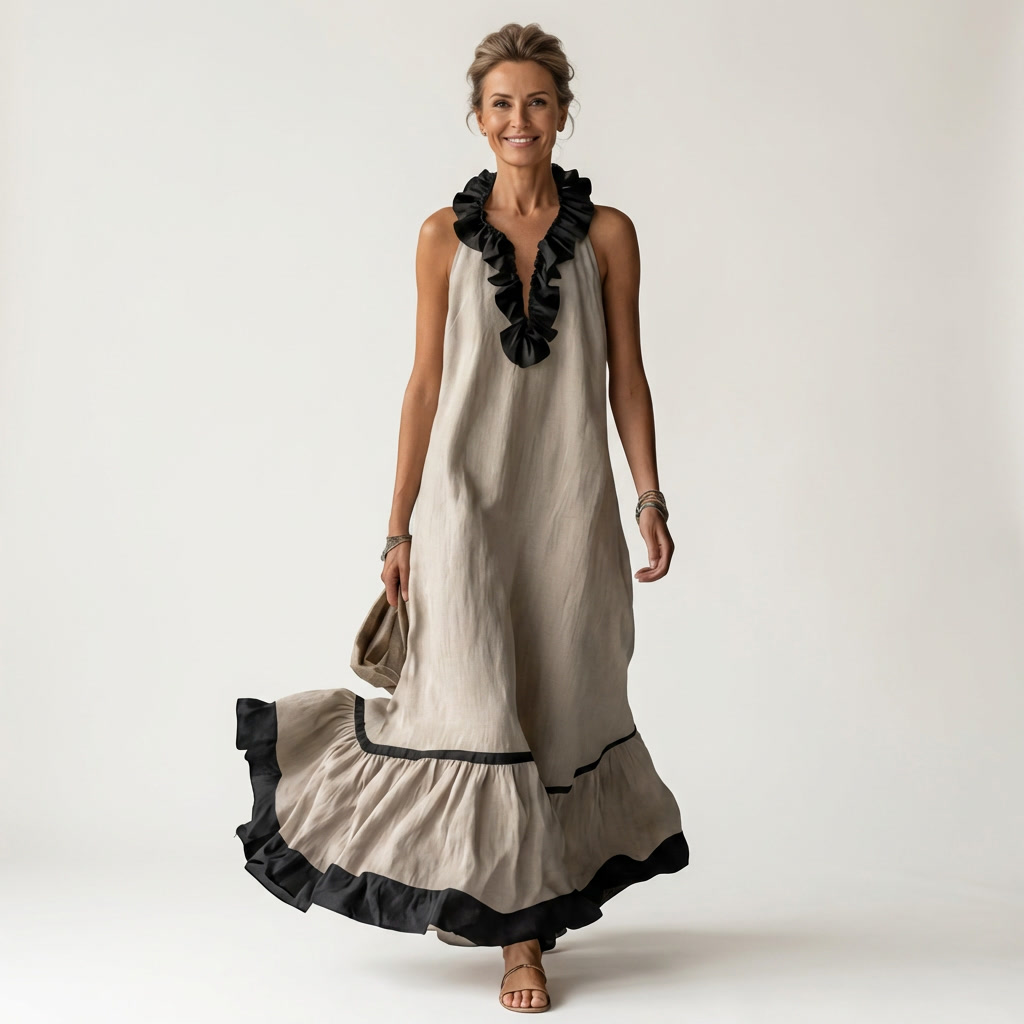 Aurora  | Vestido maxi sin mangas con ribete en contraste
