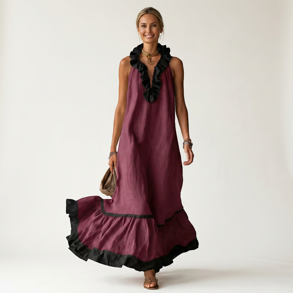 Aurora  | Vestido maxi sin mangas con ribete en contraste
