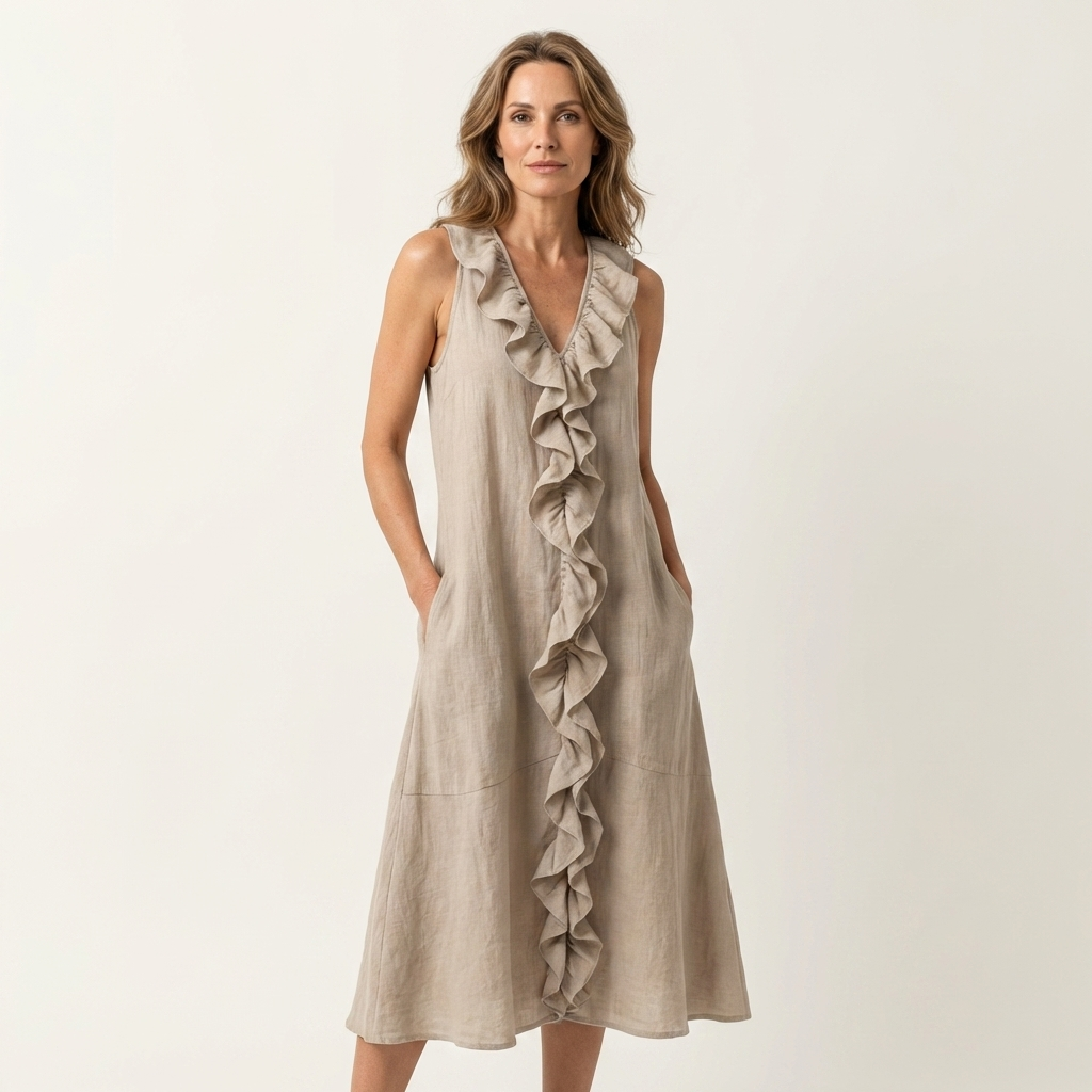 Melisa  | Vestido maxi de lino sin mangas con volante
