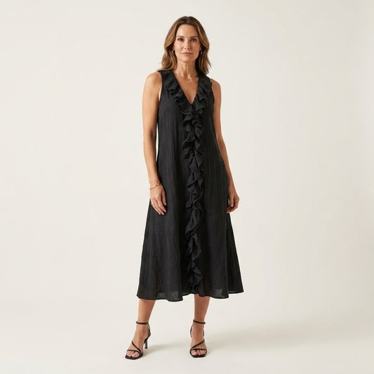 Melisa  | Vestido maxi de lino sin mangas con volante