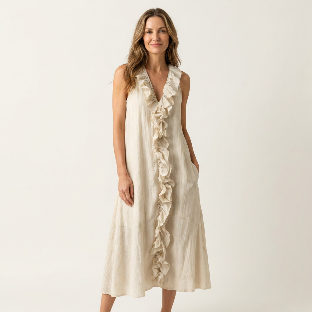 Melisa  | Vestido maxi de lino sin mangas con volante