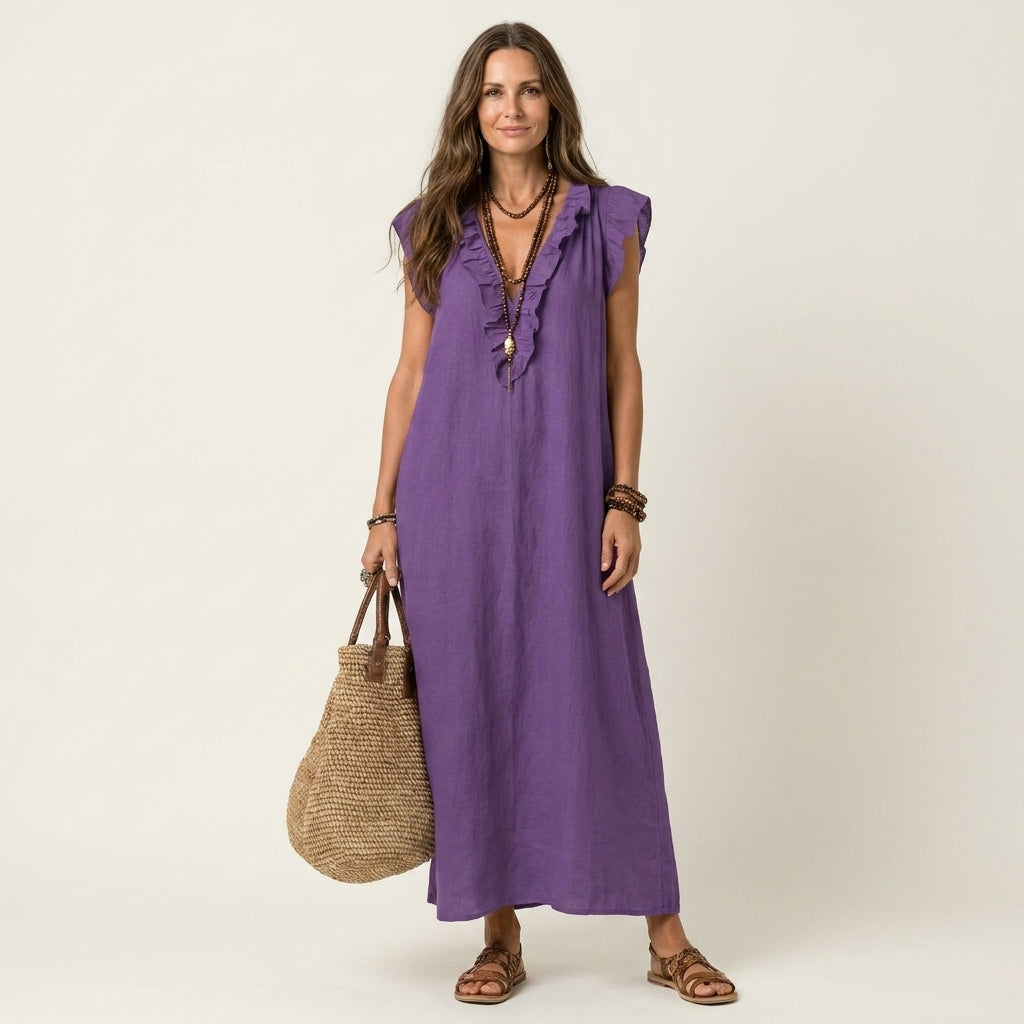 Erika | Vestido maxi de lino con escote en V y volantes