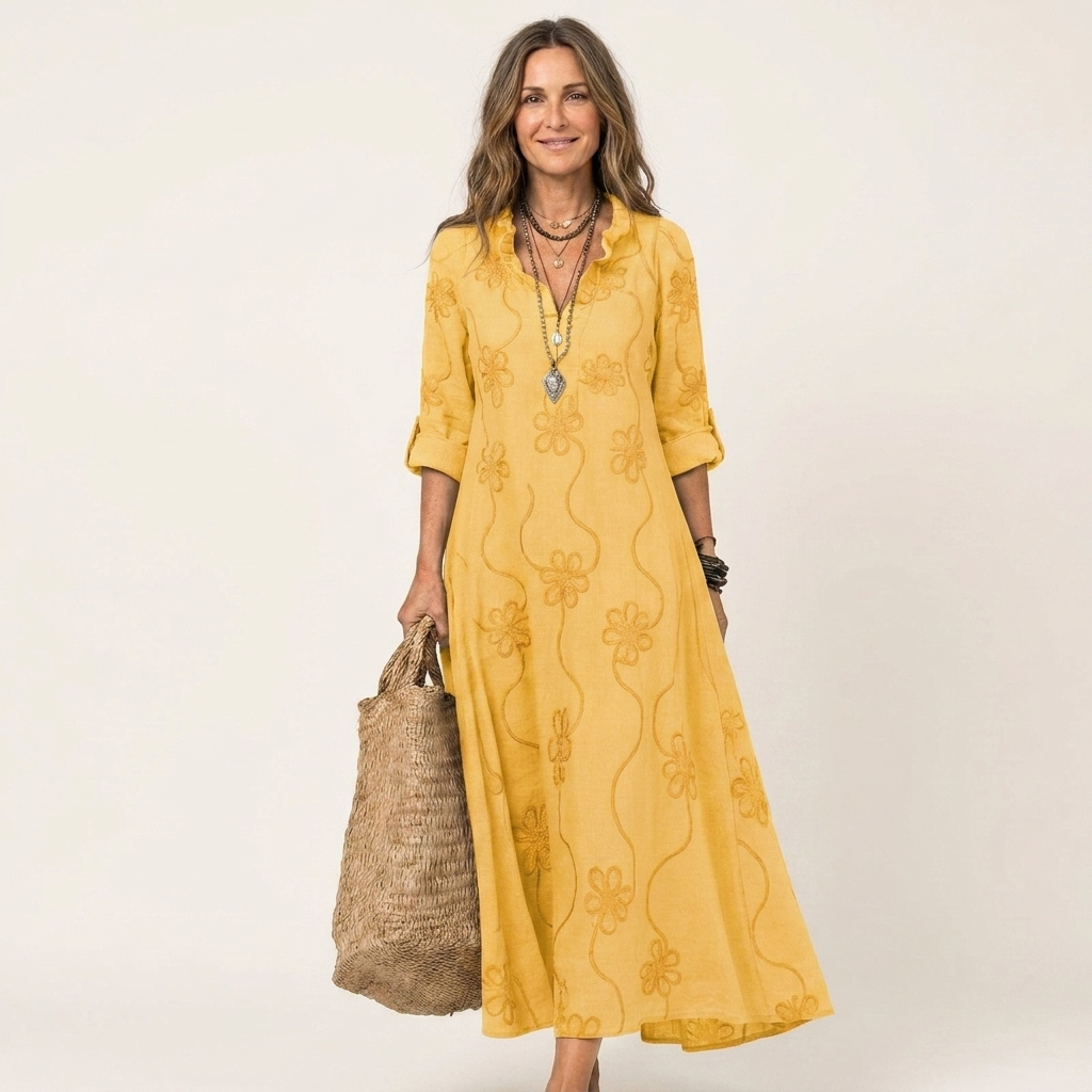Marlen | Vestido maxi de algodón y lino con bordado floral