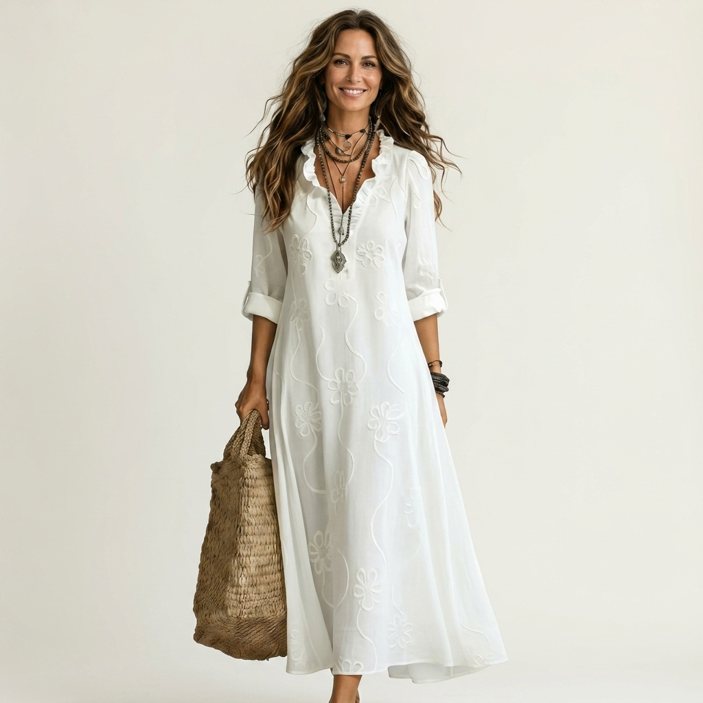 Marlen | Vestido maxi de algodón y lino con bordado floral