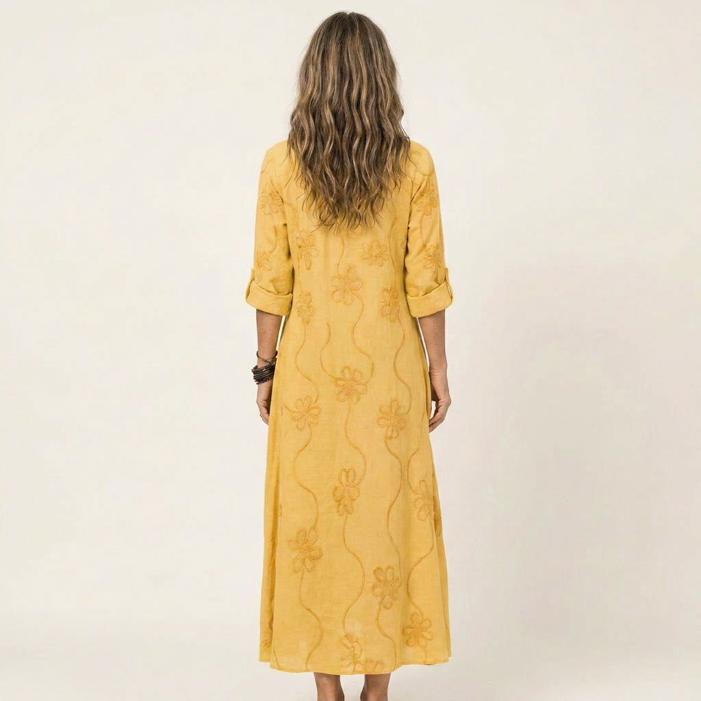 Marlen | Vestido maxi de algodón y lino con bordado floral