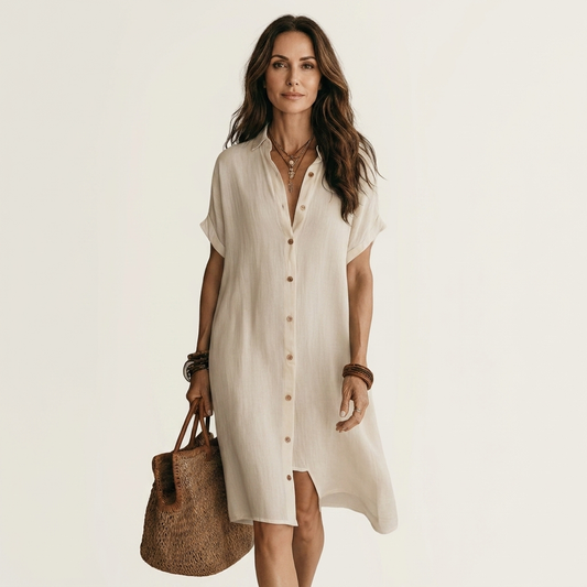 Nibia  | Vestido camisero midi de algodón y lino con puños vueltos